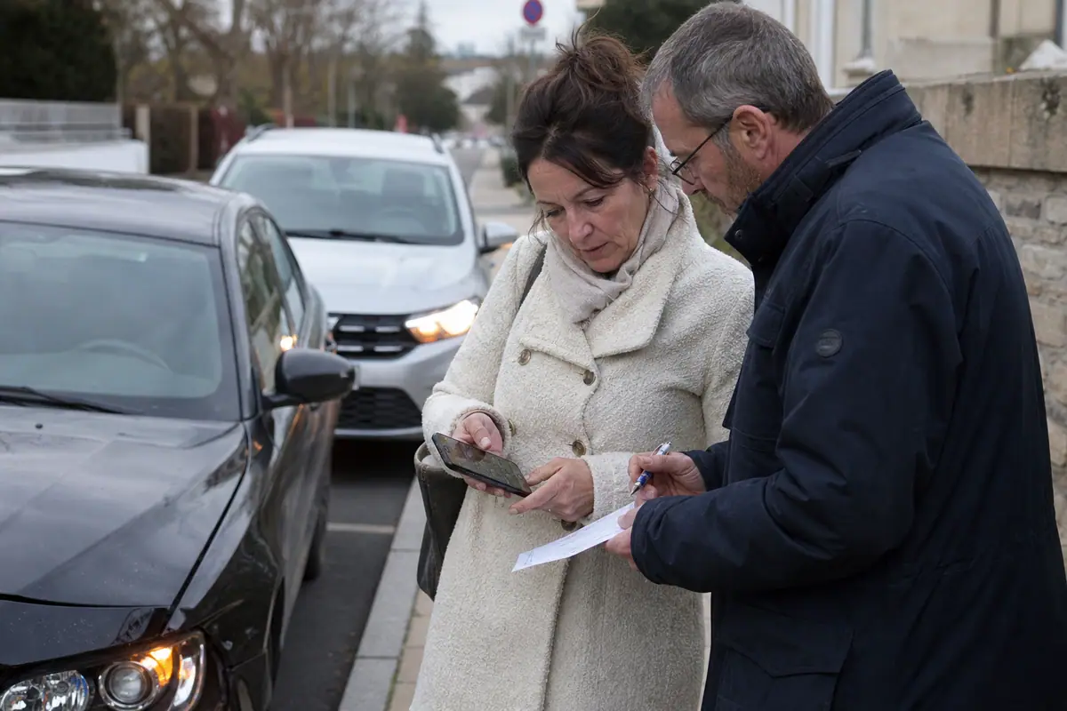 Après un accrochage, une conductrice montre la vidéo de sa dashcam à l'autre conducteur qui remplit un constat