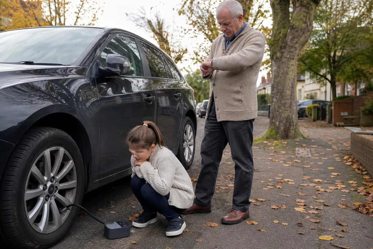 Un grand-père chronomètre le gonflage d'un pneu de voiture avec un petit gonfleur électrique pendant que sa petite-fille observe