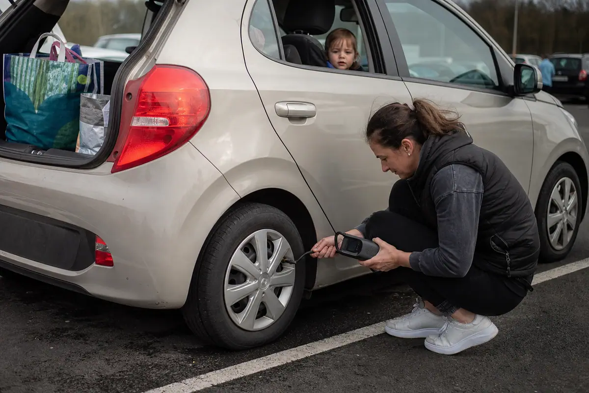 Une femme regonfle le pneu avant de sa voiture avec un petit gonfleur sans fil sur un parking de supermarché