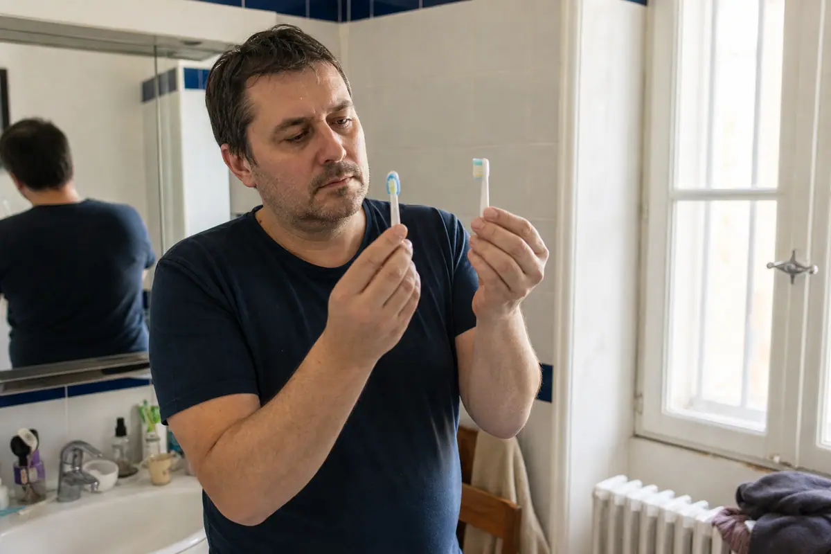 Un homme compare deux têtes de rechange pour sa brosse à dents électrique dans sa salle de bain