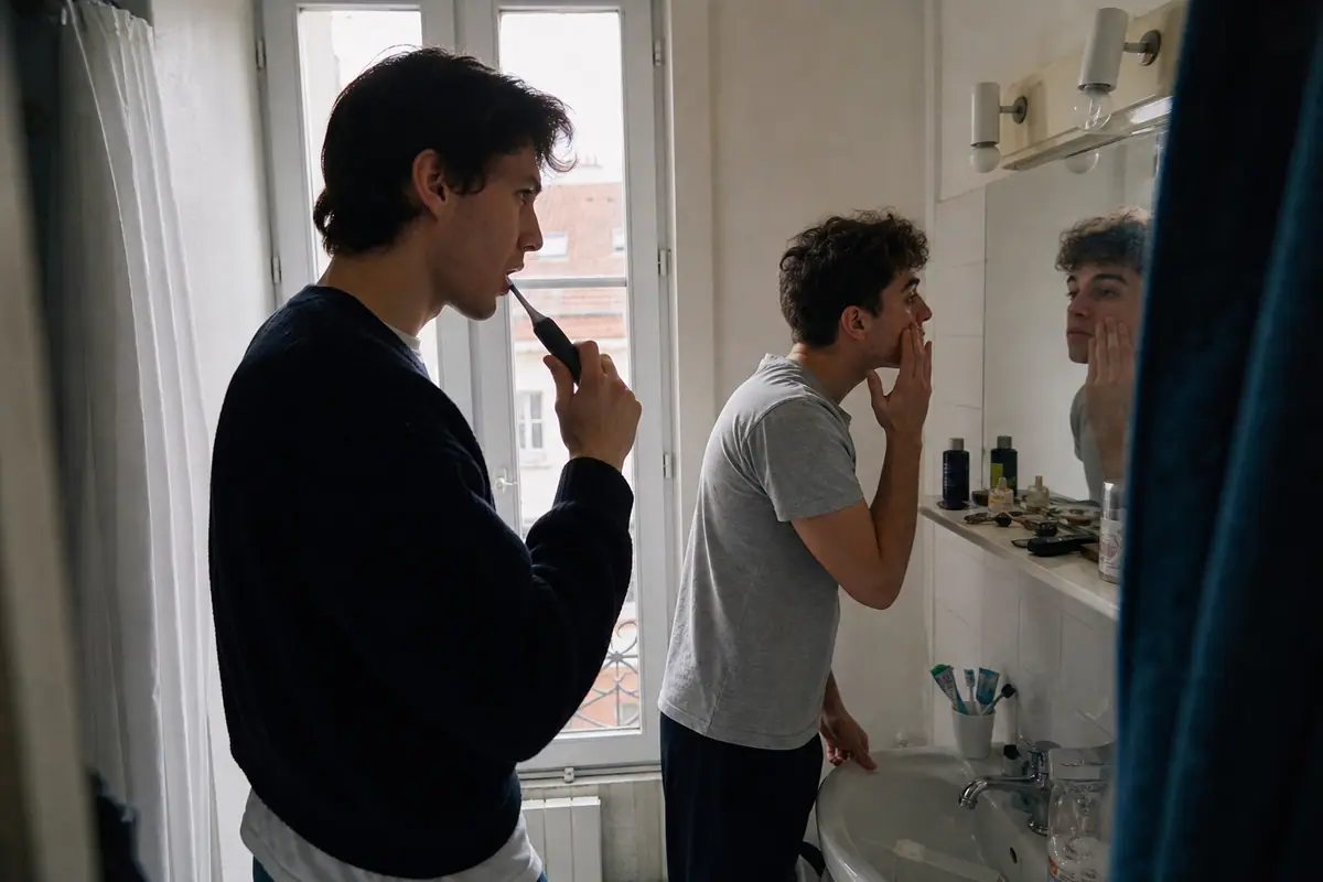 Deux colocataires se préparent le matin dans une salle de bain, l'un se brossant les dents avec une brosse électrique
