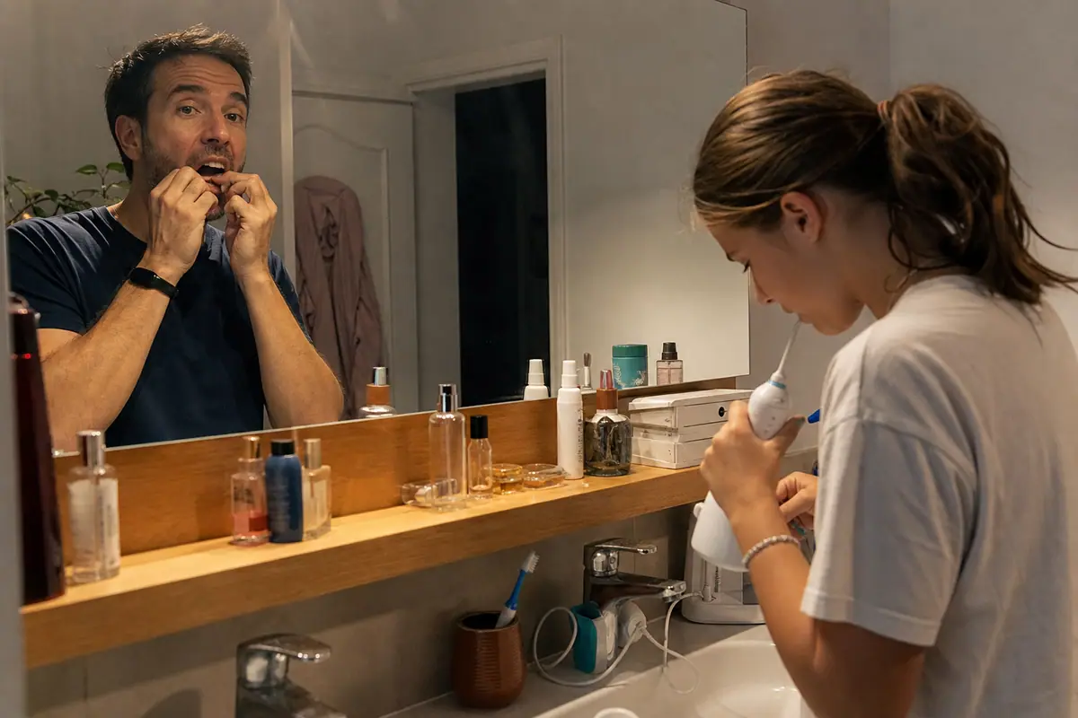 Un père utilise du fil dentaire pendant que sa fille utilise un hydropulseur dans la salle de bain familiale