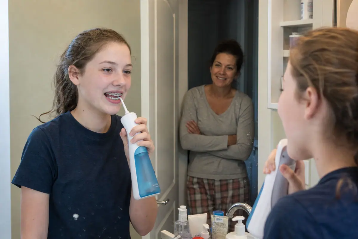 Une adolescente porteuse de bagues utilise un hydropulseur sans fil devant le miroir de la salle de bain