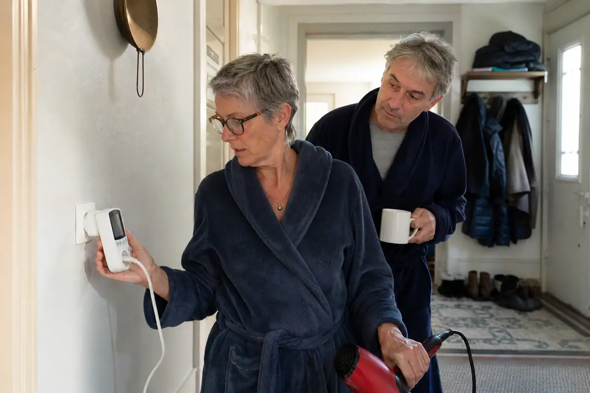Une femme mesure la consommation de son sèche-cheveux avec un wattmètre sous le regard de son mari