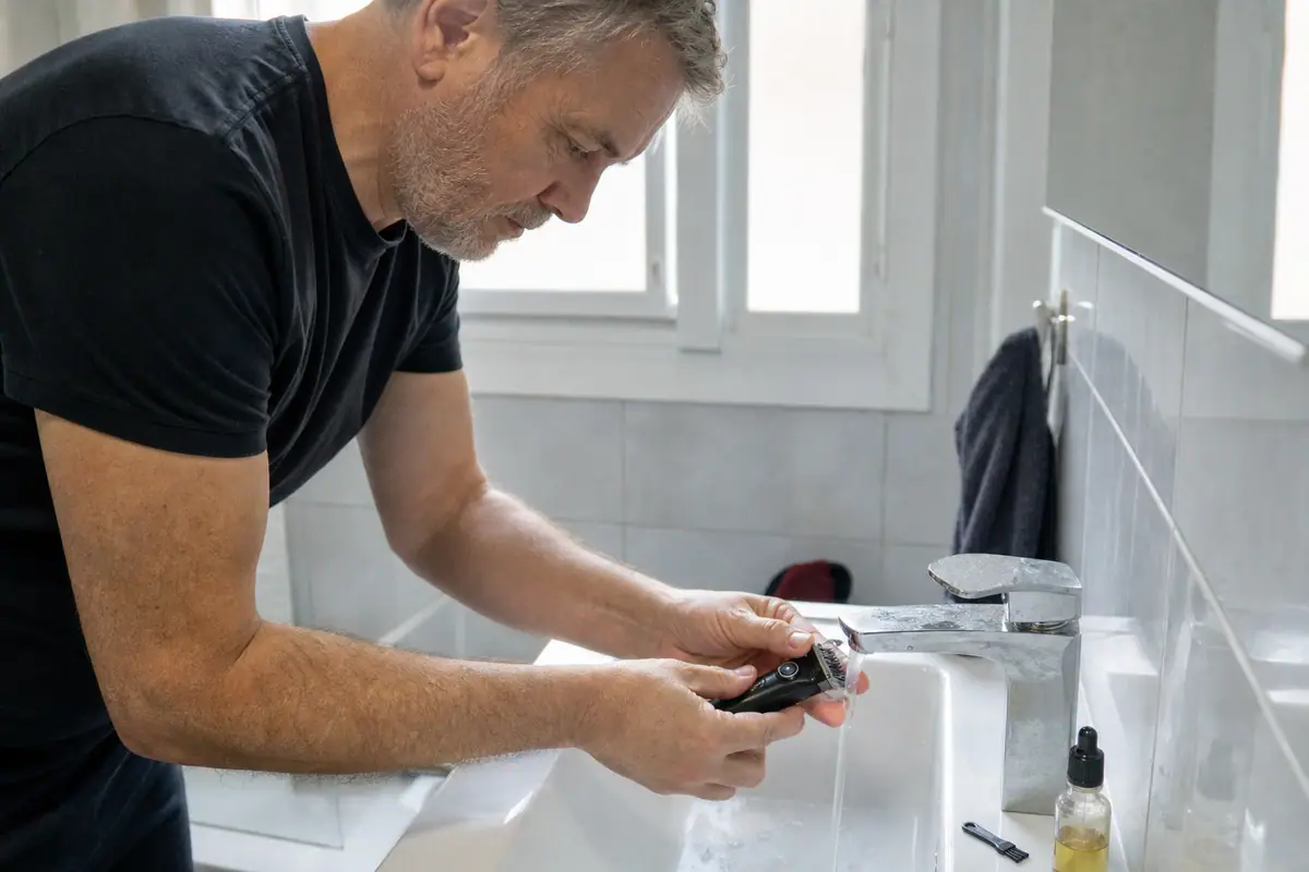 Un homme nettoie la lame de sa tondeuse à barbe sous l'eau du robinet