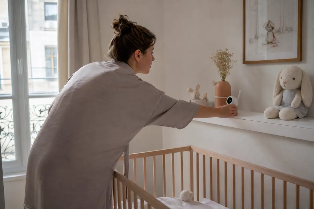 Une mère place le boîtier d'un babyphone à distance raisonnable du lit de son bébé