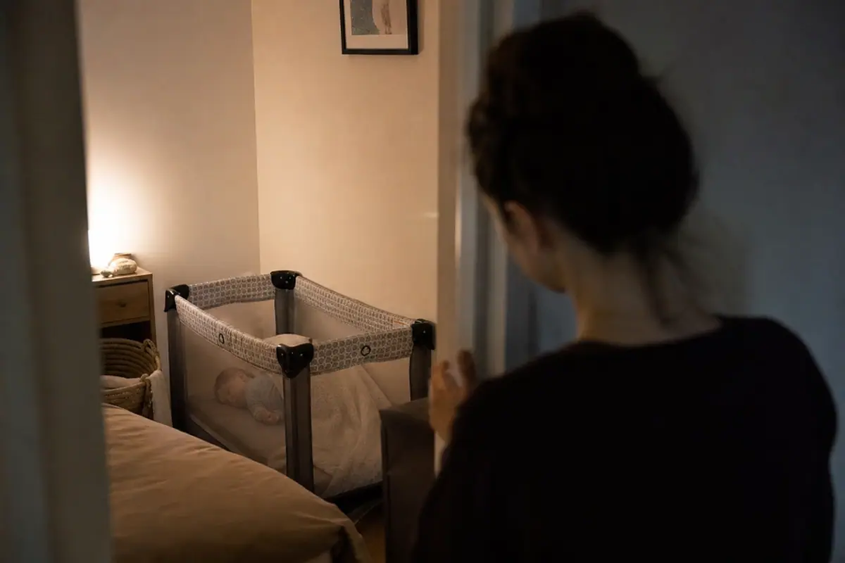 Un bébé dort dans un lit parapluie installé de façon permanente dans sa chambre