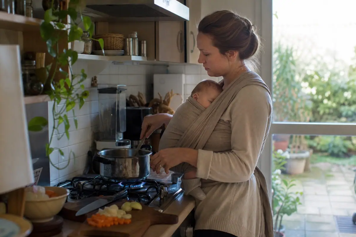 Une mère porte son nouveau-né endormi dans un porte-bébé physiologique tout en cuisinant