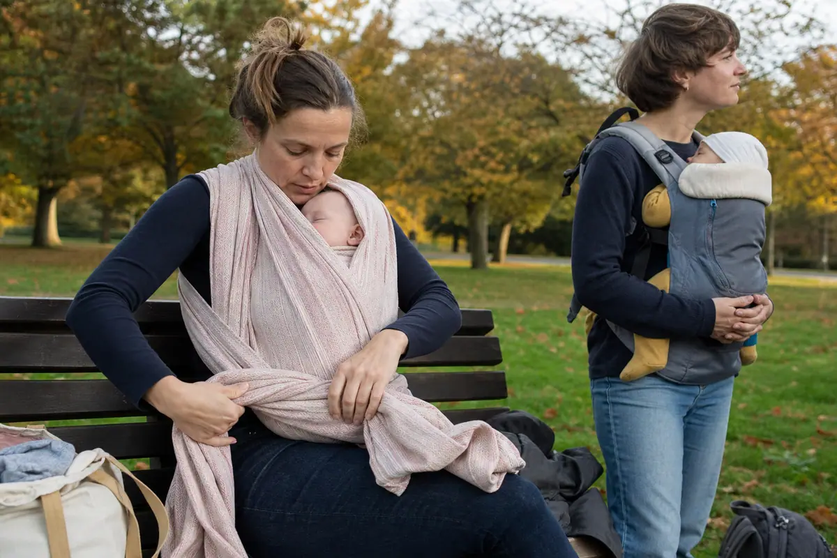 Une mère noue une écharpe de portage dans un parc pendant qu'un autre parent utilise un porte-bébé à boucles