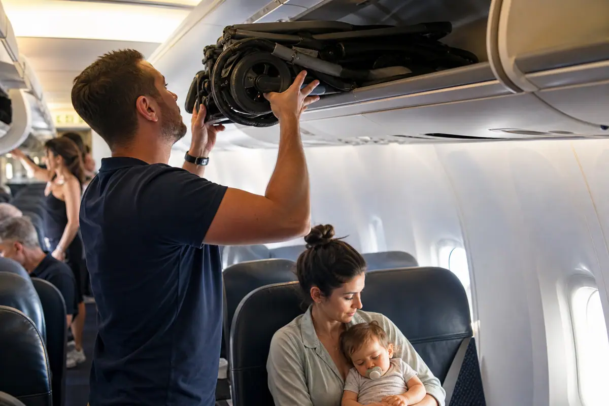 Un père range une poussette pliée dans le coffre à bagages d'un avion pendant que sa compagne tient leur bébé
