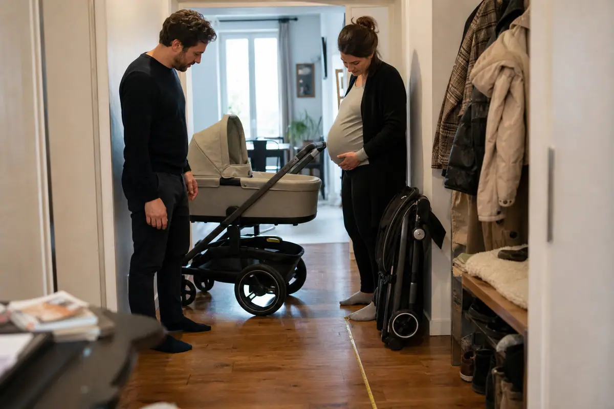Un couple attendant un enfant compare une grande poussette avec nacelle et une poussette compacte dans l'entrée de son appartement