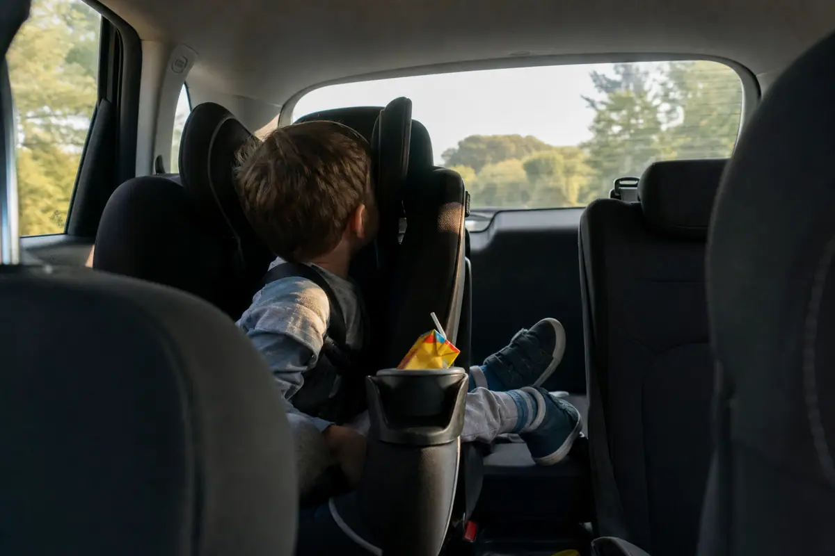 Un enfant de trois ans installé dos à la route regarde par la vitre arrière de la voiture