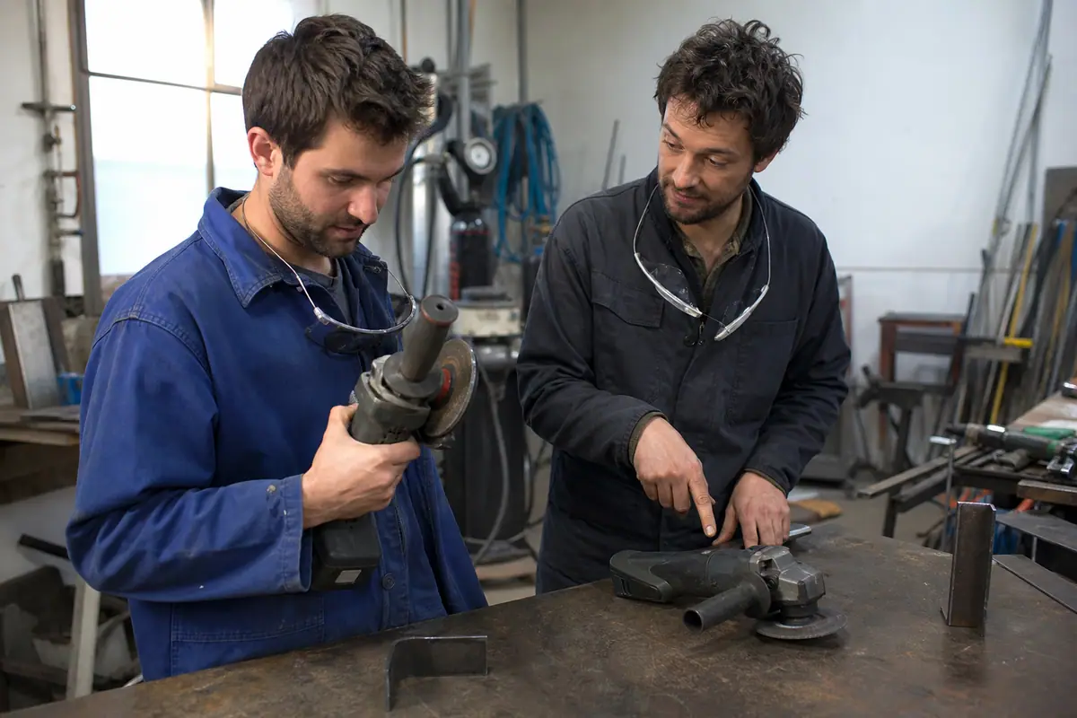 Deux artisans comparent deux meuleuses d'angle sans fil sur l'établi d'un atelier