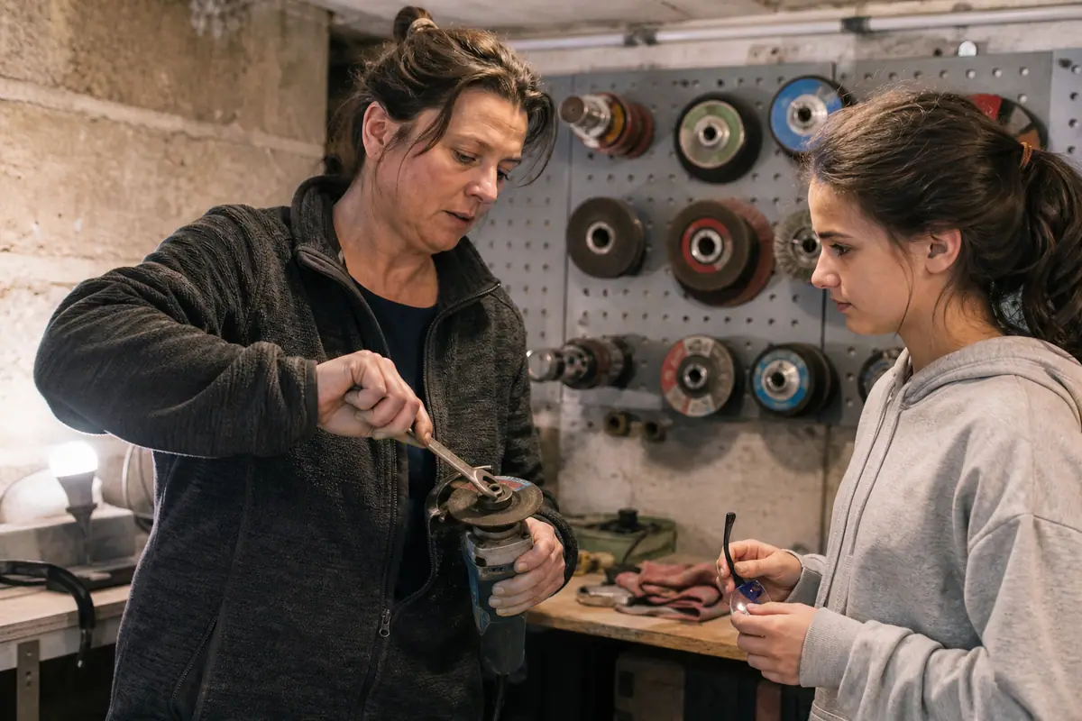 Une femme change le disque de sa meuleuse d'angle dans un atelier de sous-sol sous le regard de sa fille