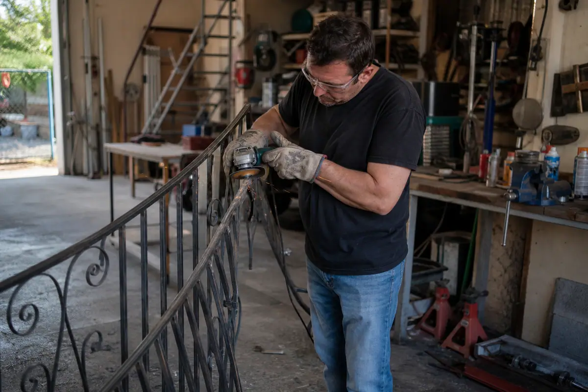Un homme équipé de lunettes et de gants de protection utilise une meuleuse d'angle pour ébarber un portail en métal dans un garage