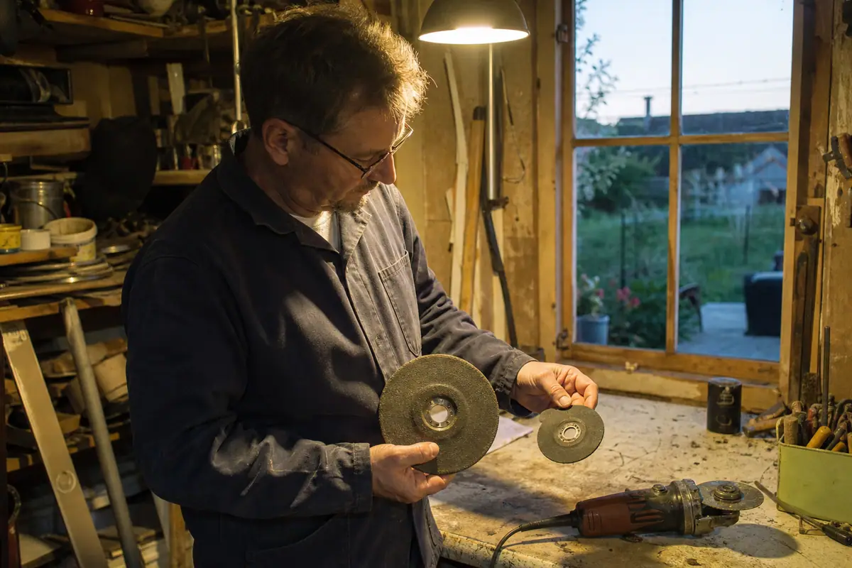 Un bricoleur compare deux disques de meuleuse de tailles différentes dans un atelier de jardin
