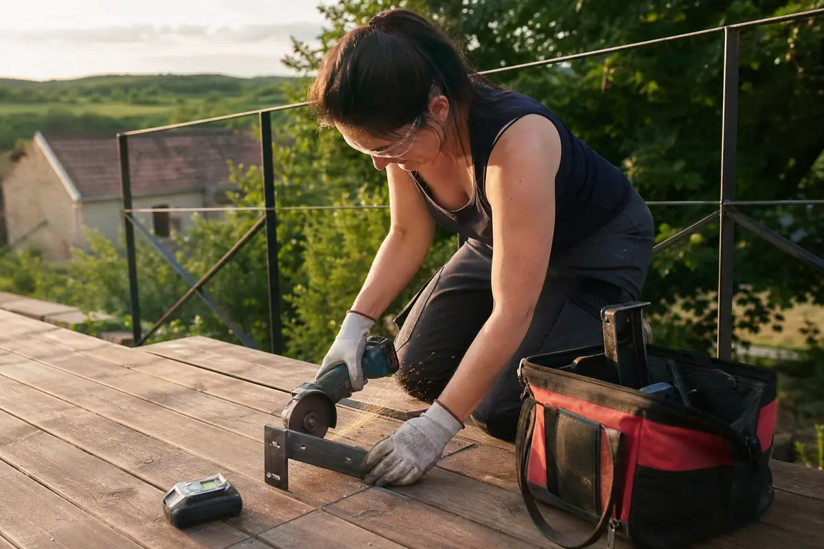 Une femme équipée de lunettes de protection utilise une meuleuse d'angle sans fil pour couper un support métallique sur une terrasse