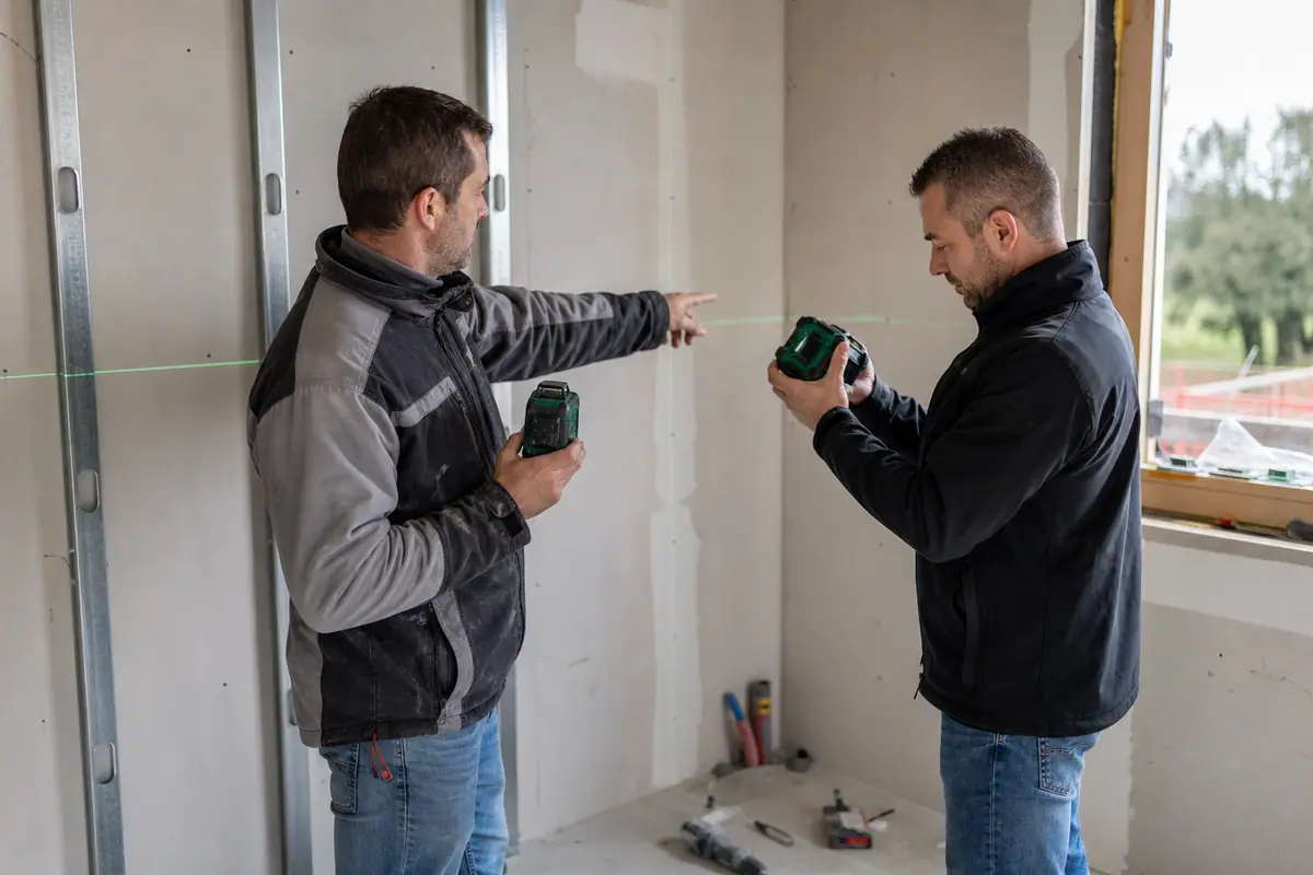 Deux artisans comparent deux niveaux lasers professionnels sur un chantier en cours