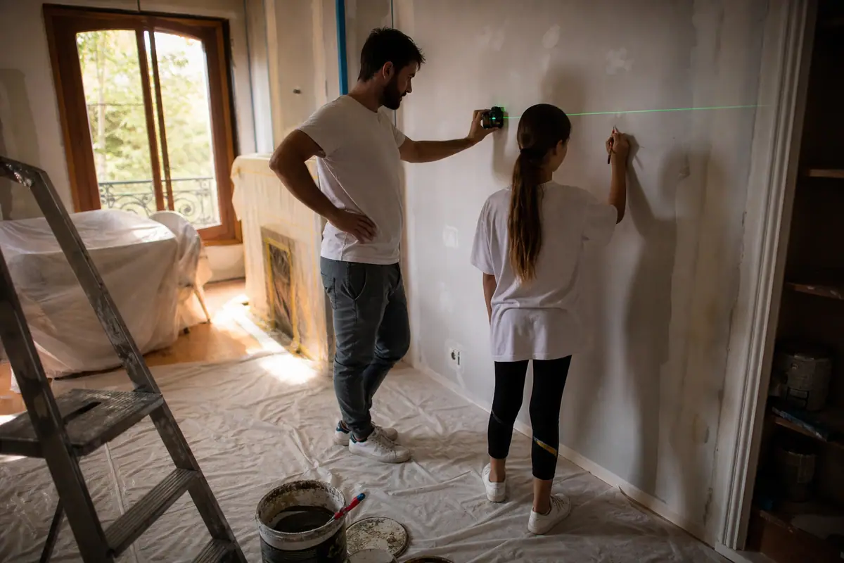 Un père tient un niveau laser contre un mur pendant que sa fille marque au crayon le point indiqué par la ligne