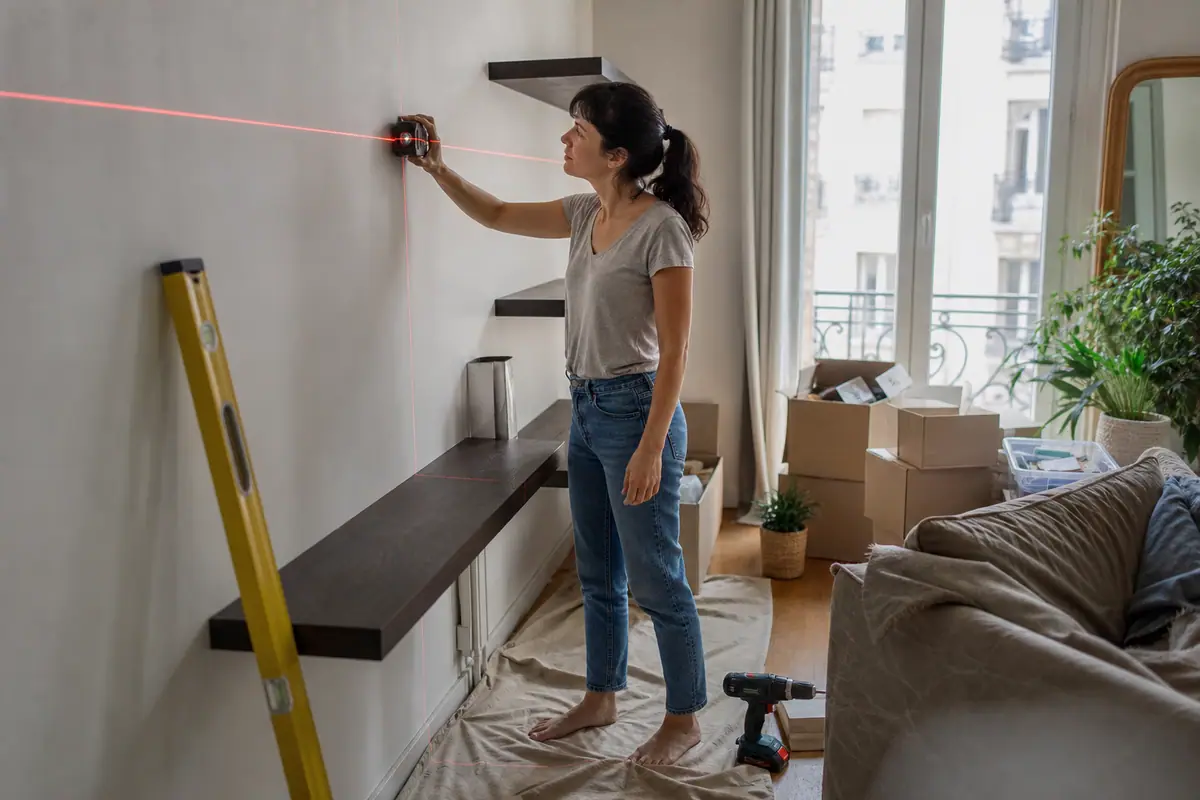 Une femme vérifie l'horizontalité d'une étagère grâce à la ligne d'un niveau laser posé contre le mur