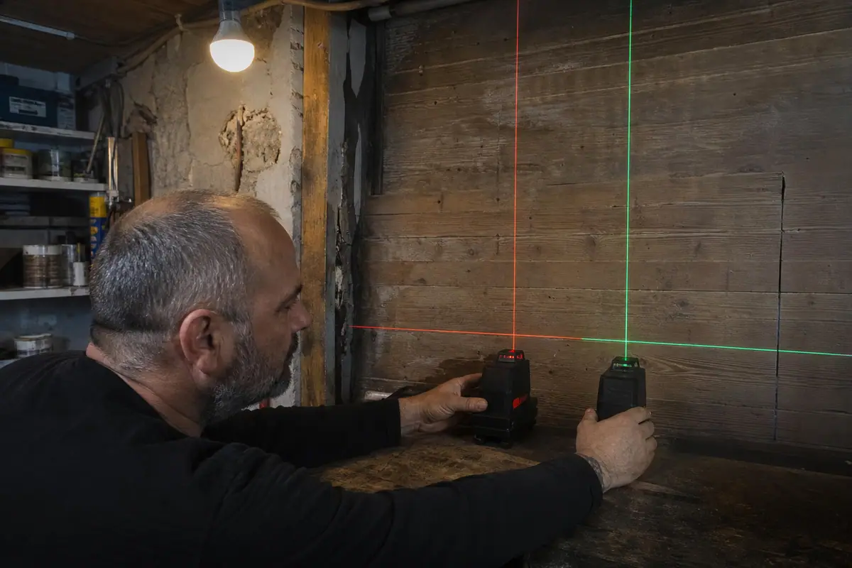 Un bricoleur compare la visibilité d'une ligne laser rouge et d'une ligne laser verte sur un établi