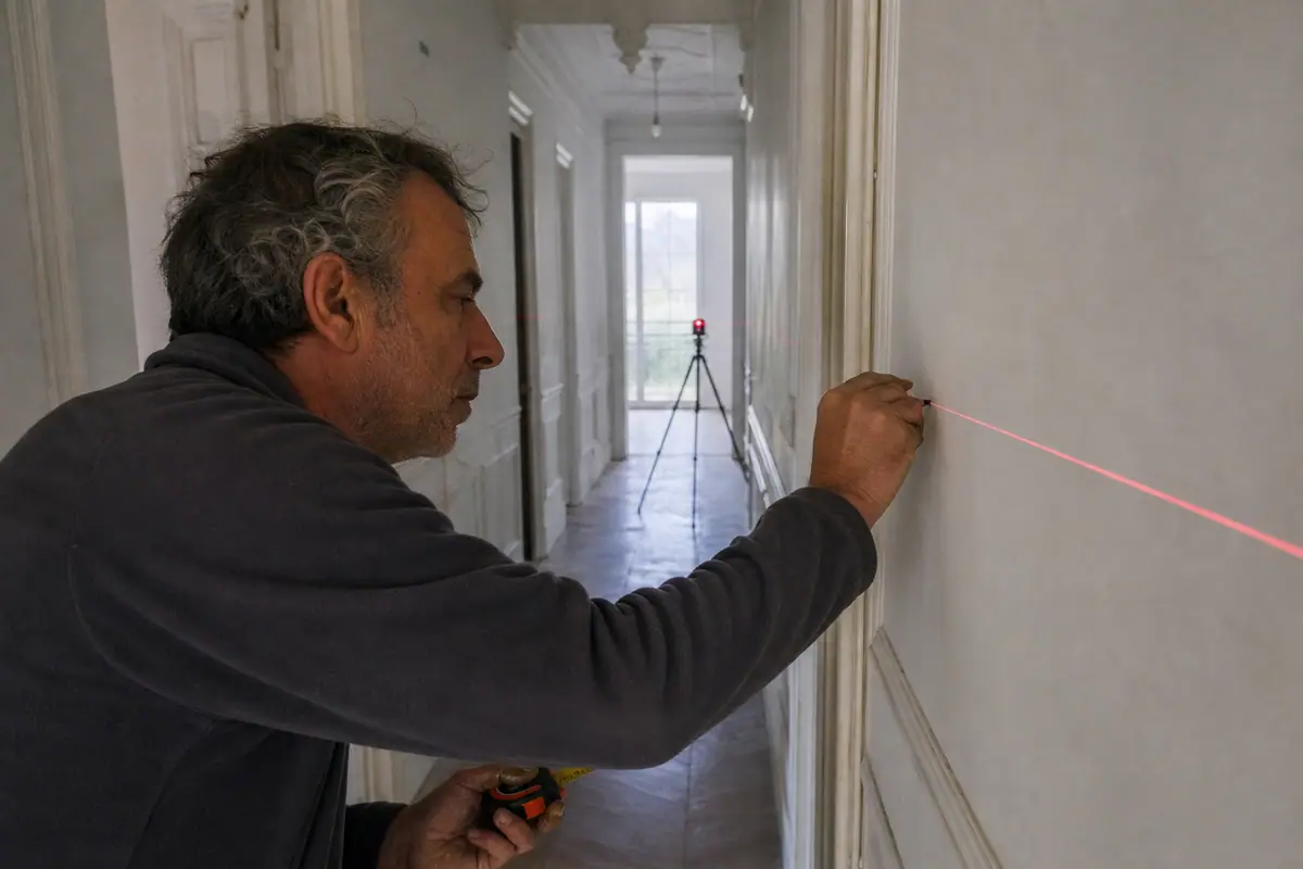 Un homme marque au crayon le point d'une ligne laser sur un mur de couloir pour vérifier la précision de son appareil