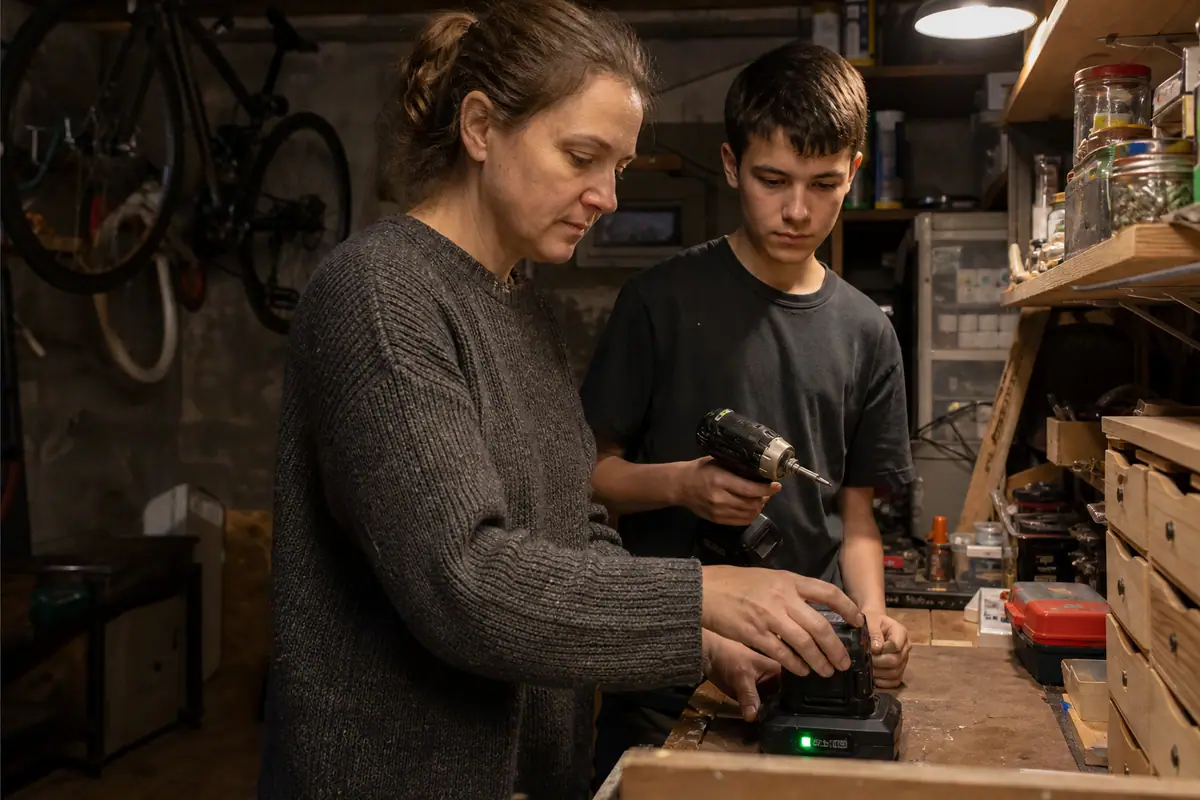 Une mère place une batterie d'outil sur son chargeur sous le regard de son fils dans un atelier de sous-sol
