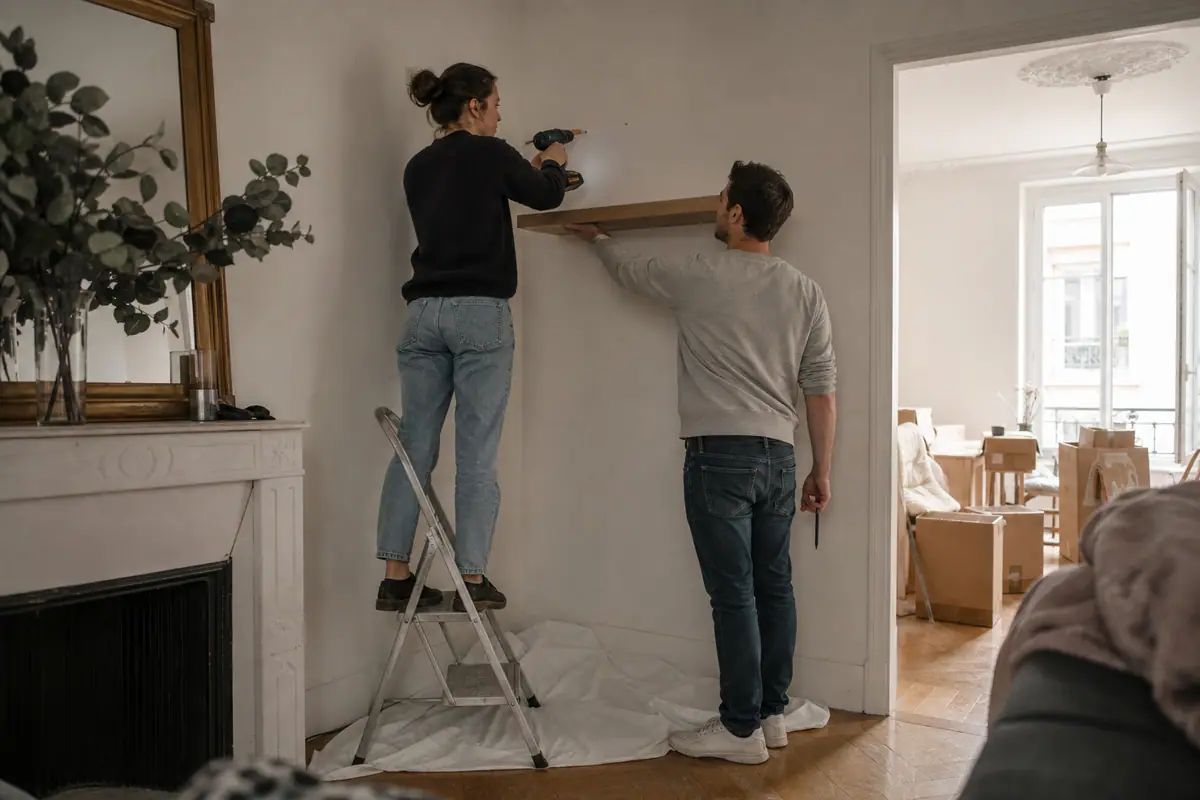 Une femme perce un mur de salon avec une perceuse visseuse sans fil pendant que son compagnon tient une étagère