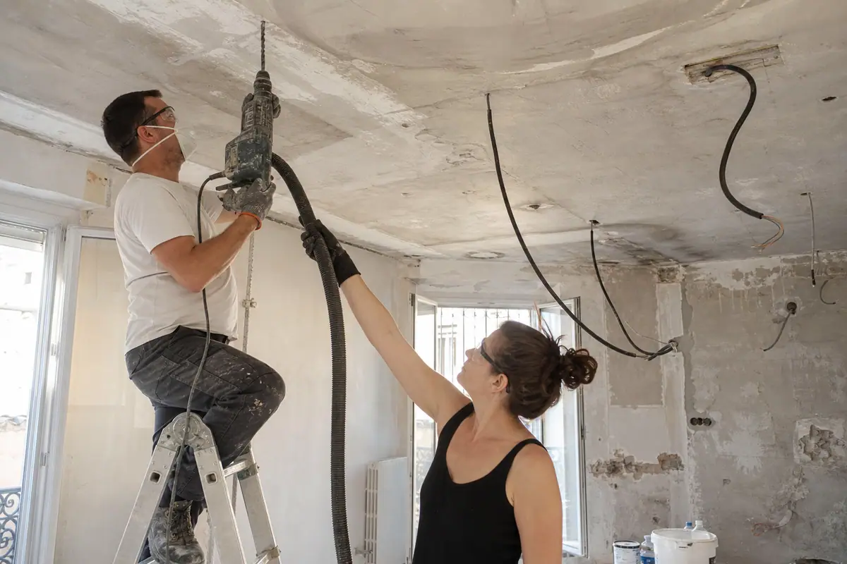 Un homme perce un plafond en béton avec un perforateur pendant que sa femme aspire la poussière
