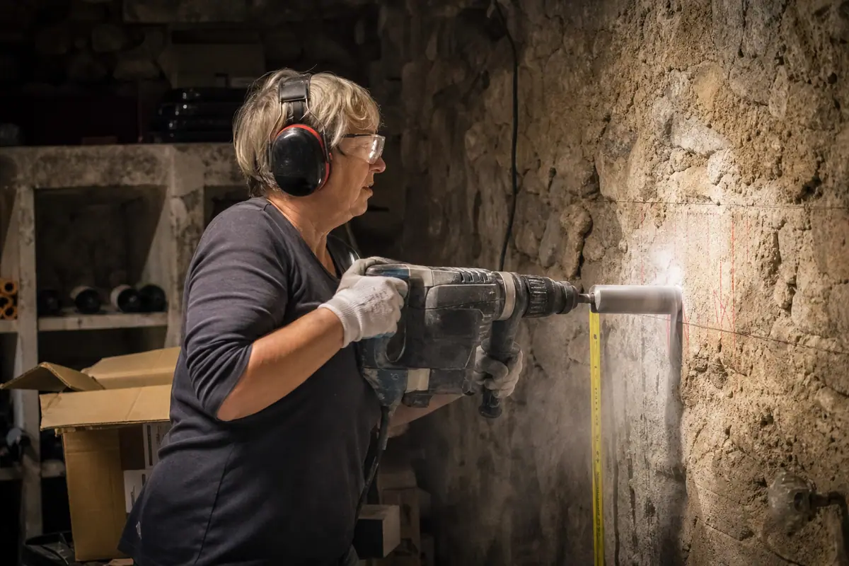 Une femme perce un gros trou dans un mur de cave en pierre et béton avec un perforateur