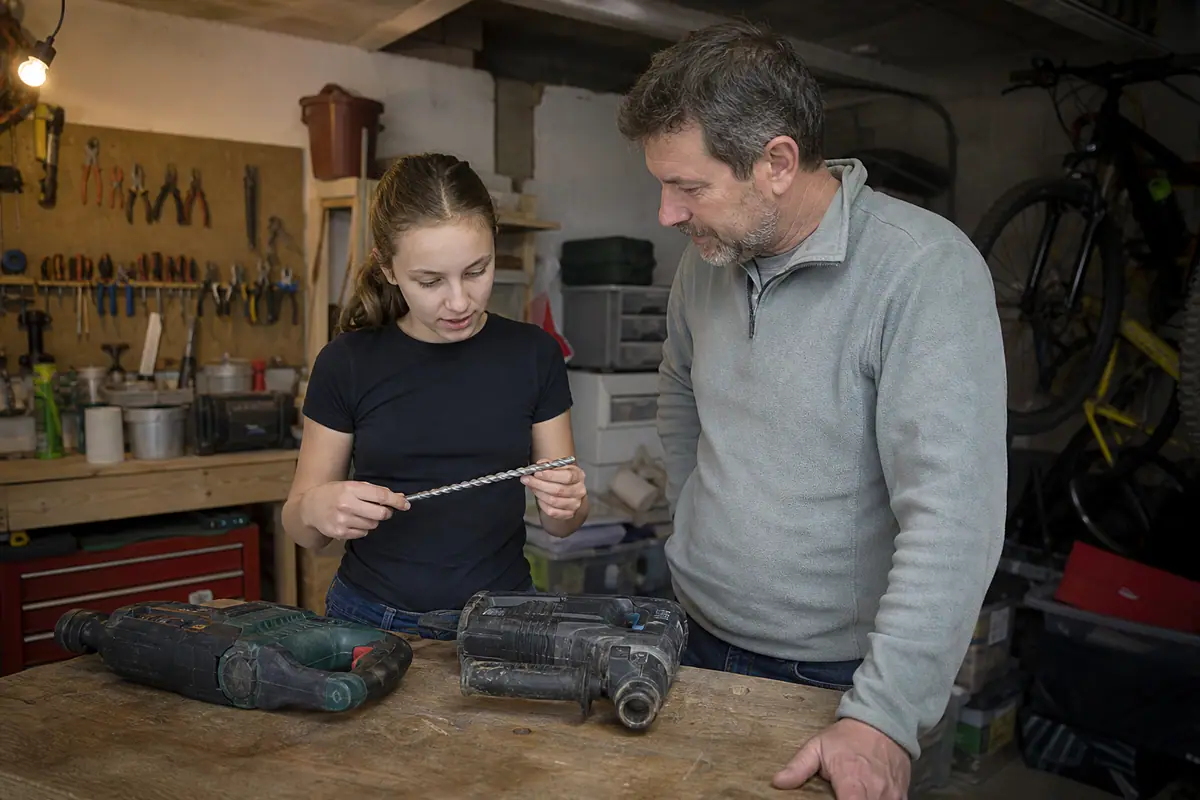 Un père et sa fille comparent un perforateur et une perceuse à percussion sur l'établi du garage