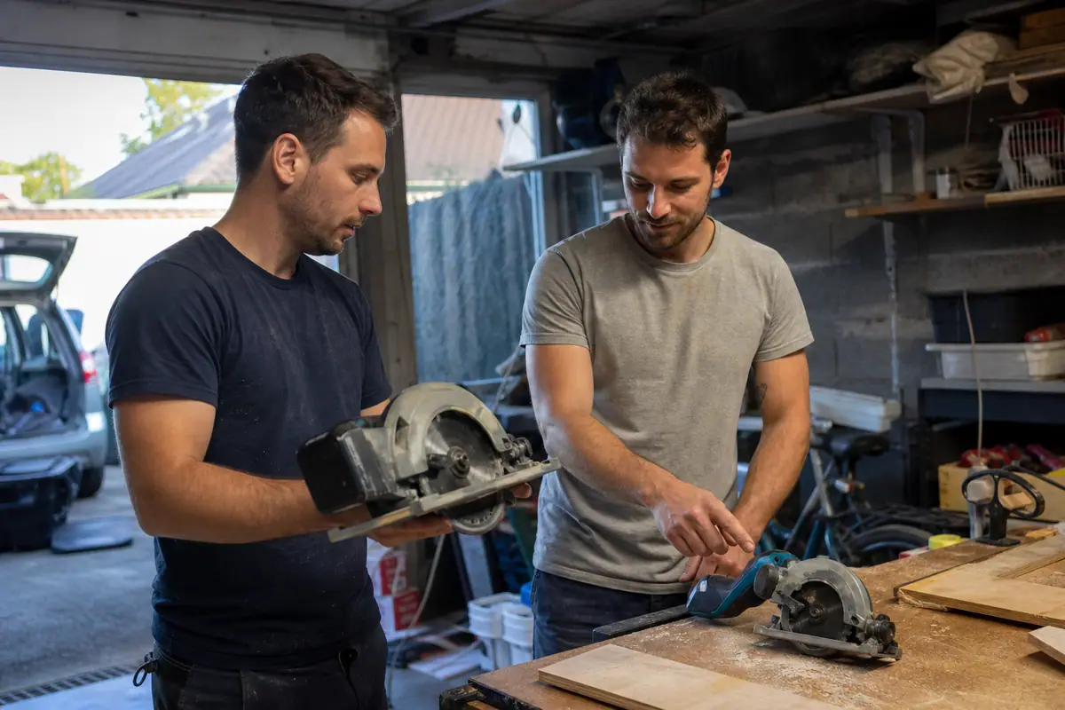 Deux bricoleurs comparent deux scies circulaires sans fil sur l'établi d'un garage