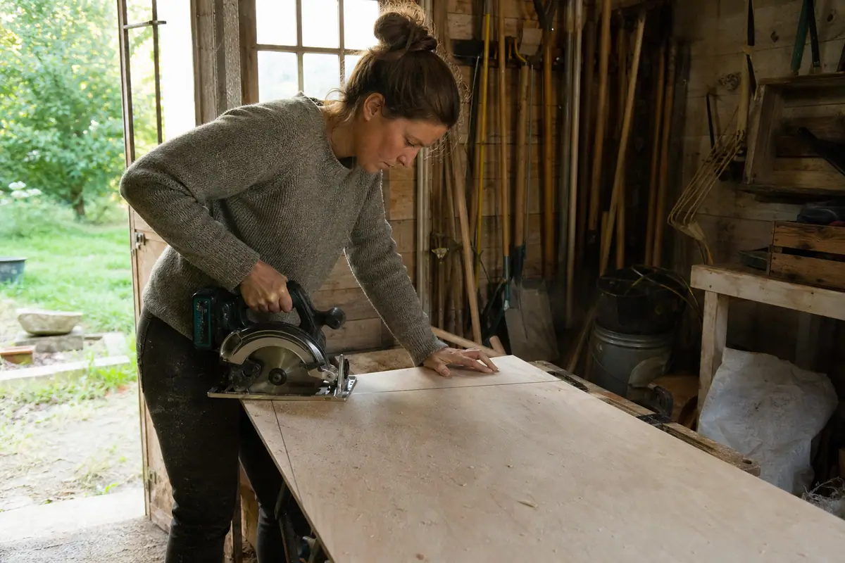 Une femme découpe un panneau de contreplaqué avec une scie circulaire sans fil dans un atelier de jardin