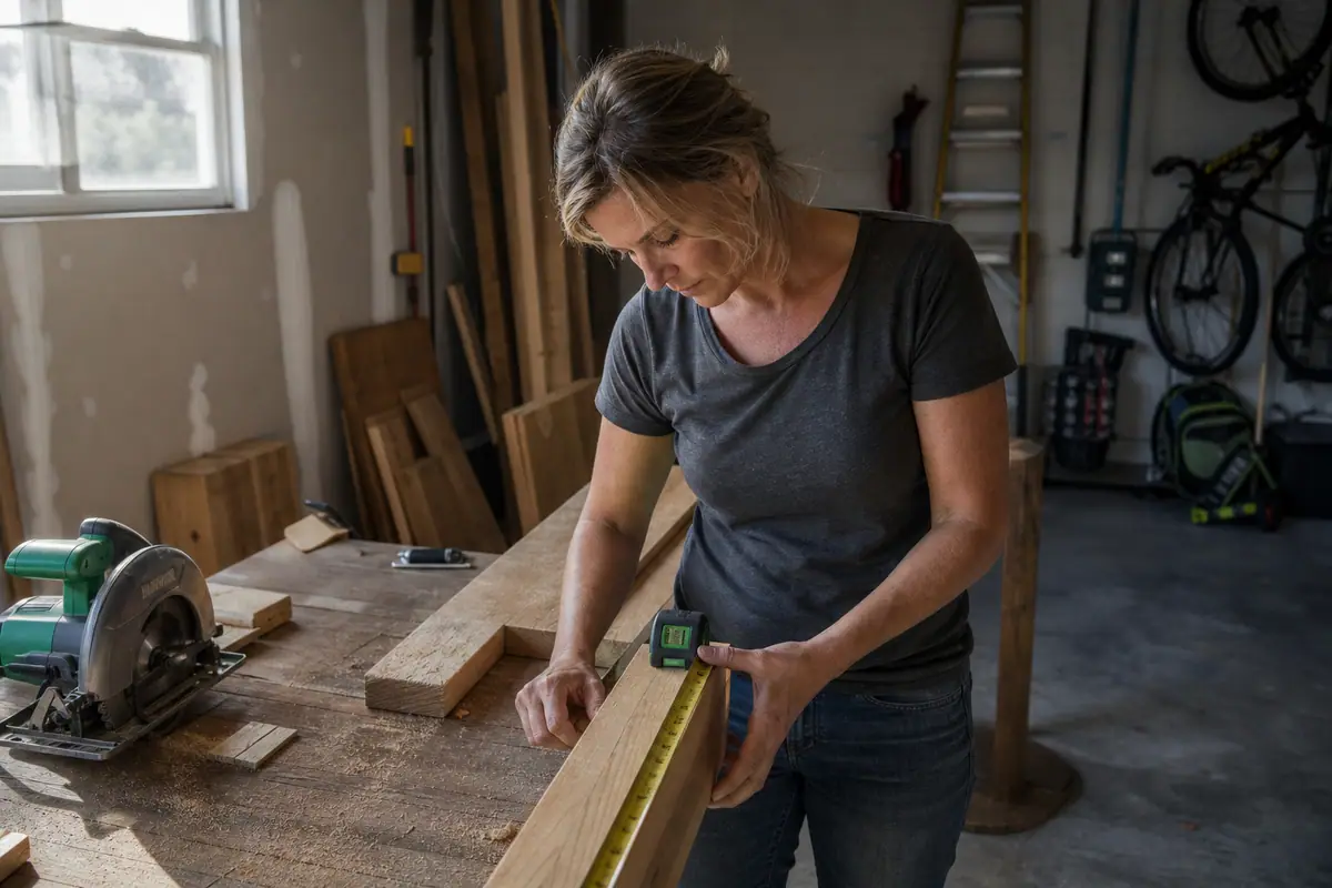 Une femme mesure l'épaisseur d'une poutre en bois avant de la découper avec une scie circulaire