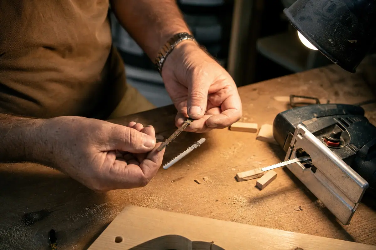 Un homme compare une lame de scie sauteuse usée avec une lame neuve sur son établi