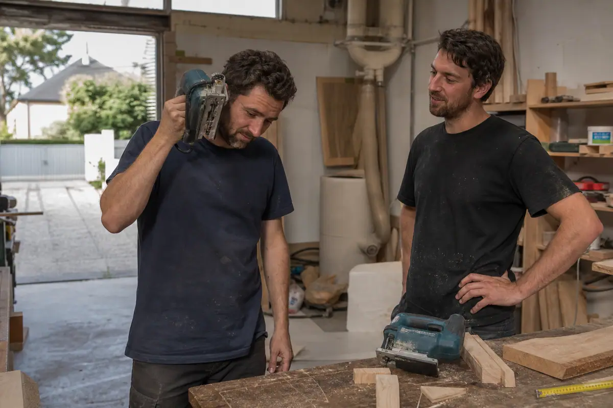 Deux bricoleurs comparent deux scies sauteuses sans fil sur un établi encombré de copeaux de bois