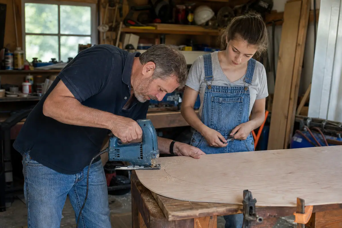 Un homme découpe une forme courbe dans une planche de bois avec une scie sauteuse sous le regard attentif de sa fille dans un garage