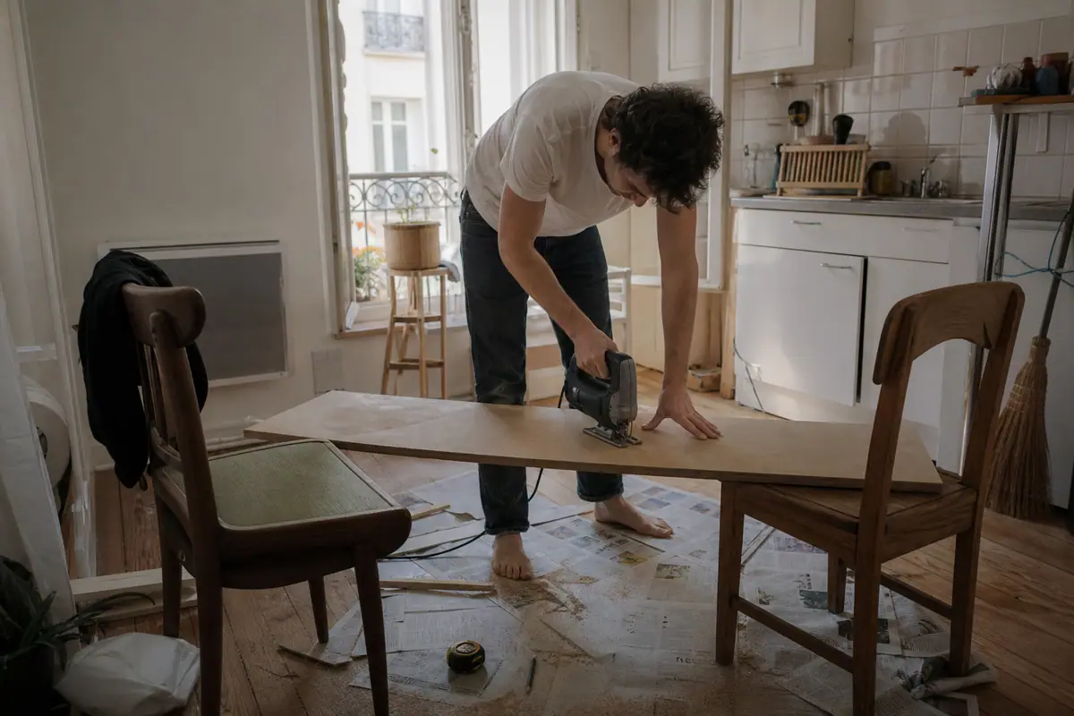 Un jeune homme découpe une planche en bois posée sur deux chaises avec une scie sauteuse dans sa cuisine
