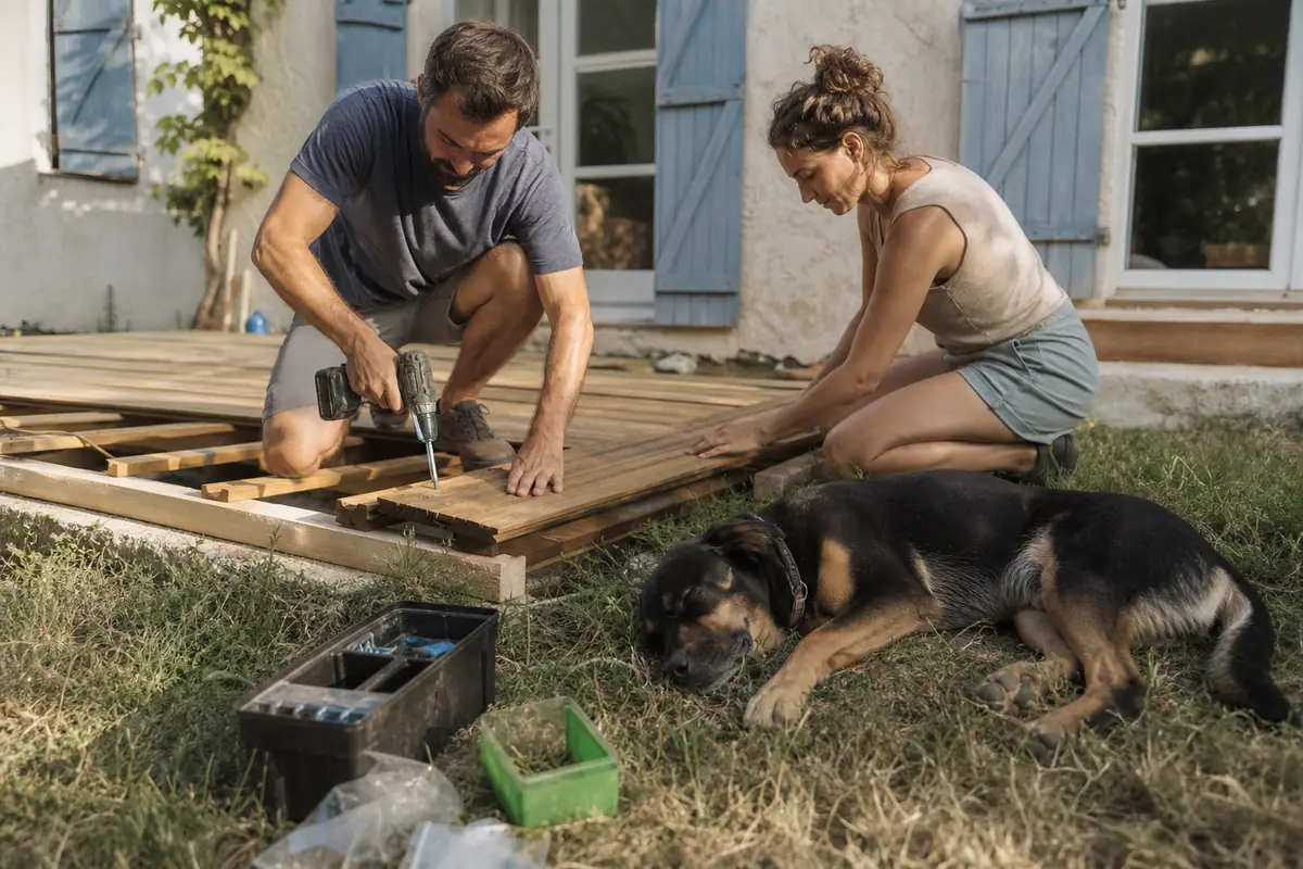 Un couple visse les lames d'une terrasse en bois avec une visseuse à chocs