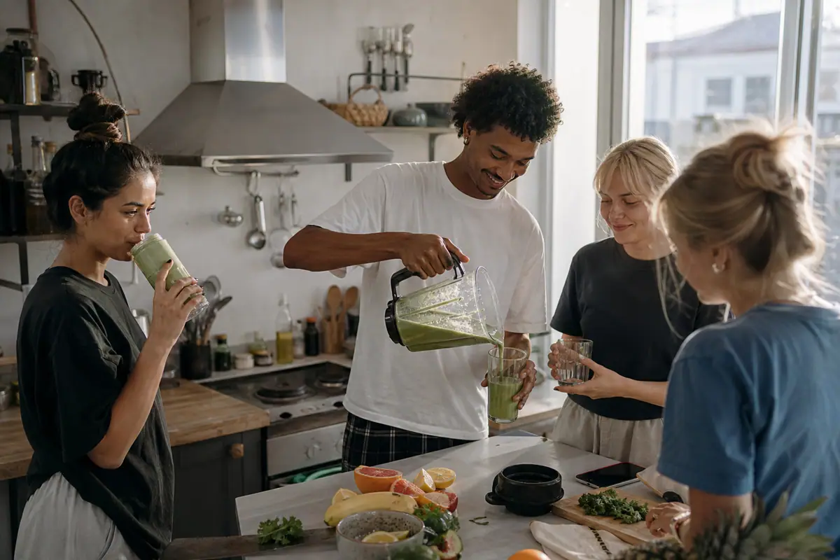 Un groupe d'amis partage des smoothies préparés dans un grand blender et dans un gobelet individuel
