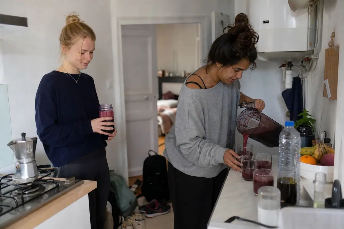 Deux colocataires préparent un smoothie, l'un dans un gobelet individuel, l'autre dans un grand bol pour plusieurs verres