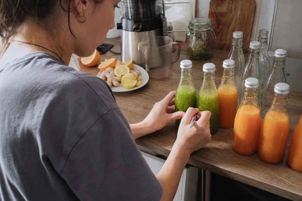 Une femme étiquette des bouteilles de jus fait maison avant de les placer au réfrigérateur