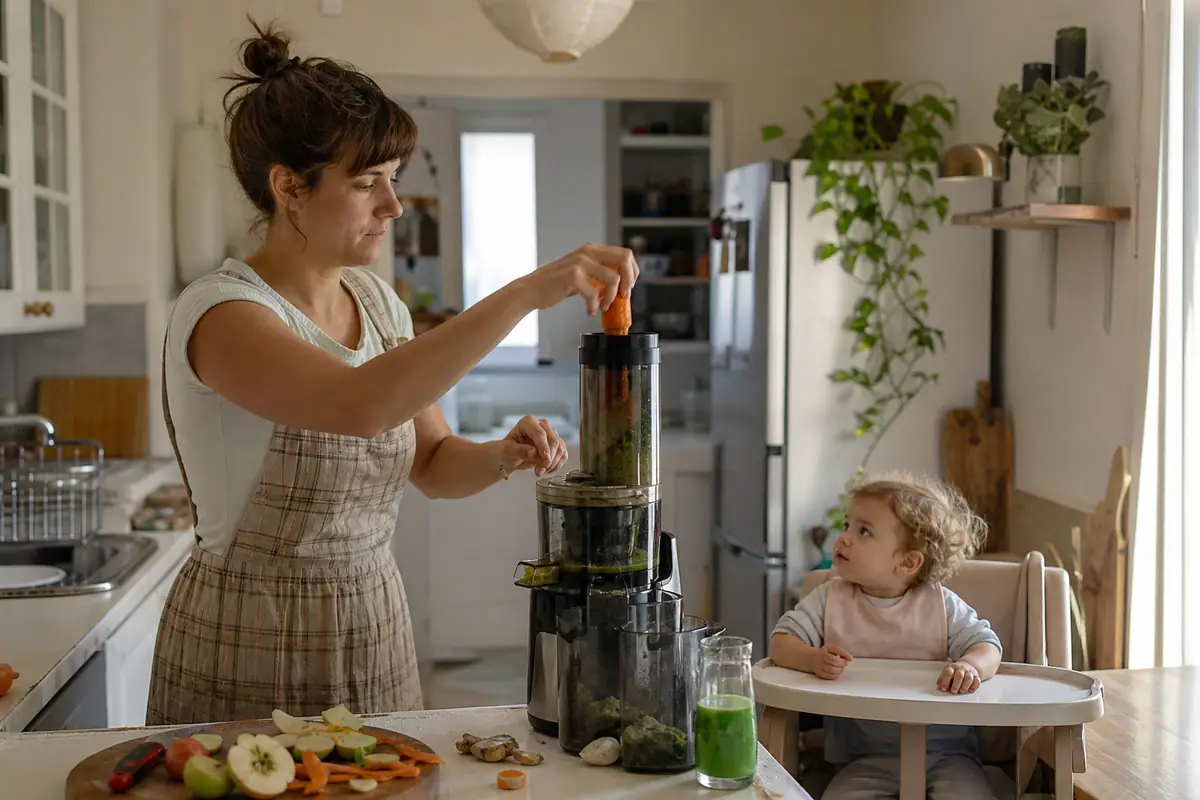Une mère prépare un jus frais à l'extracteur de jus le matin pendant que son enfant l'observe