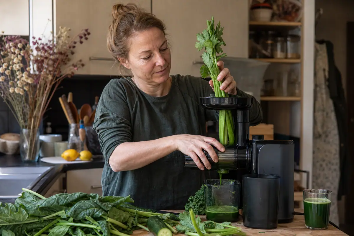 Une femme prépare un jus de légumes verts avec un extracteur de jus dans sa cuisine