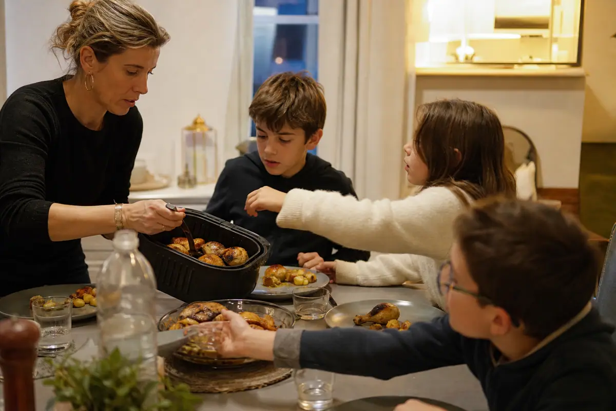 Une mère sert des pilons de poulet croustillants et des légumes rôtis à ses trois enfants