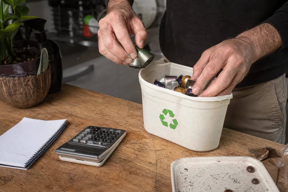 Un homme trie des capsules de café usagées à côté d'une calculatrice sur le plan de travail
