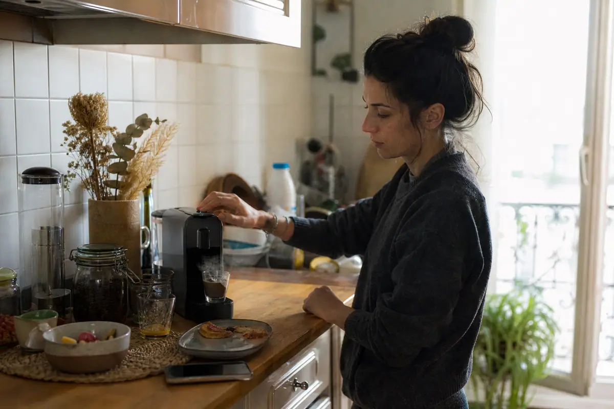 Une femme prépare un café avec une machine à capsules compacte un matin dans sa cuisine