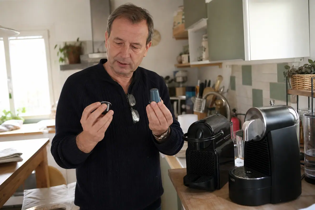 Un homme compare une capsule Original et une capsule Vertuo devant ses deux machines à café