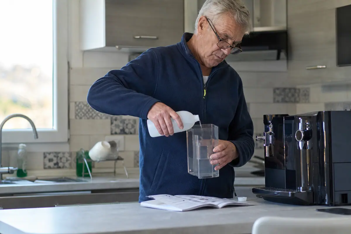 Un homme verse un produit détartrant dans le réservoir d'une machine à café à grain en suivant la notice