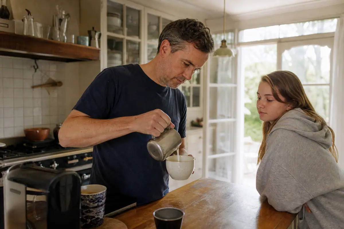 Un père prépare un cappuccino avec de la mousse de lait pour sa fille un dimanche matin